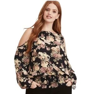 Torrid Floral Cold Shoulder Smocked Hem Blouse Black Pink Size 2 Plus 2X